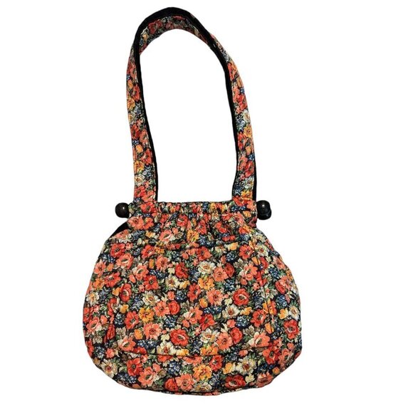 Vintage Wooden Handle Bag Fabric Bermuda Bag Floral Boho MCM Cottage Core - Picture 1 of 7